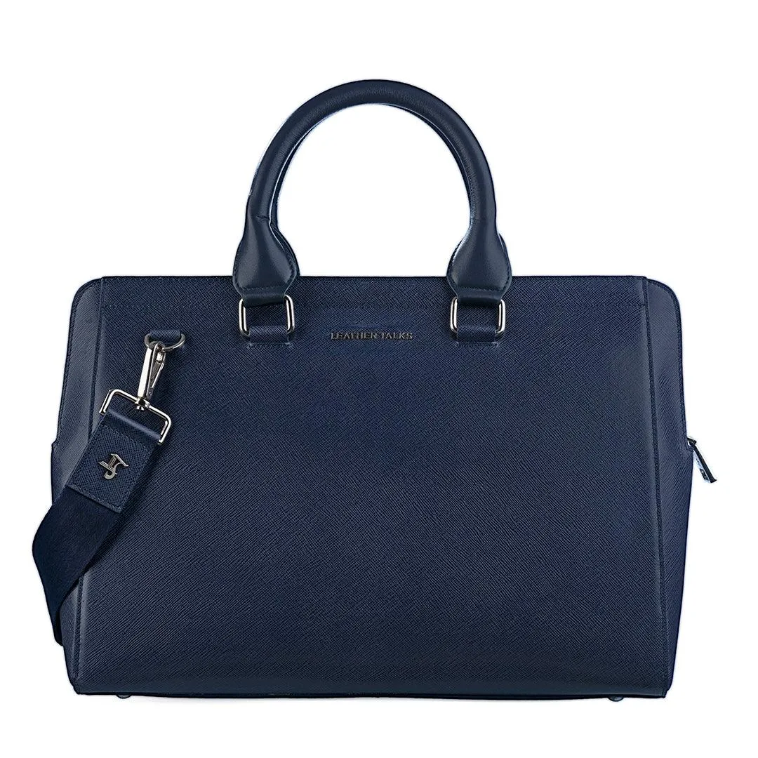 Leather Laptop / Office Bag for Women | 100% Genuine Saffiano Leather | Gold Finish Chains | Blue