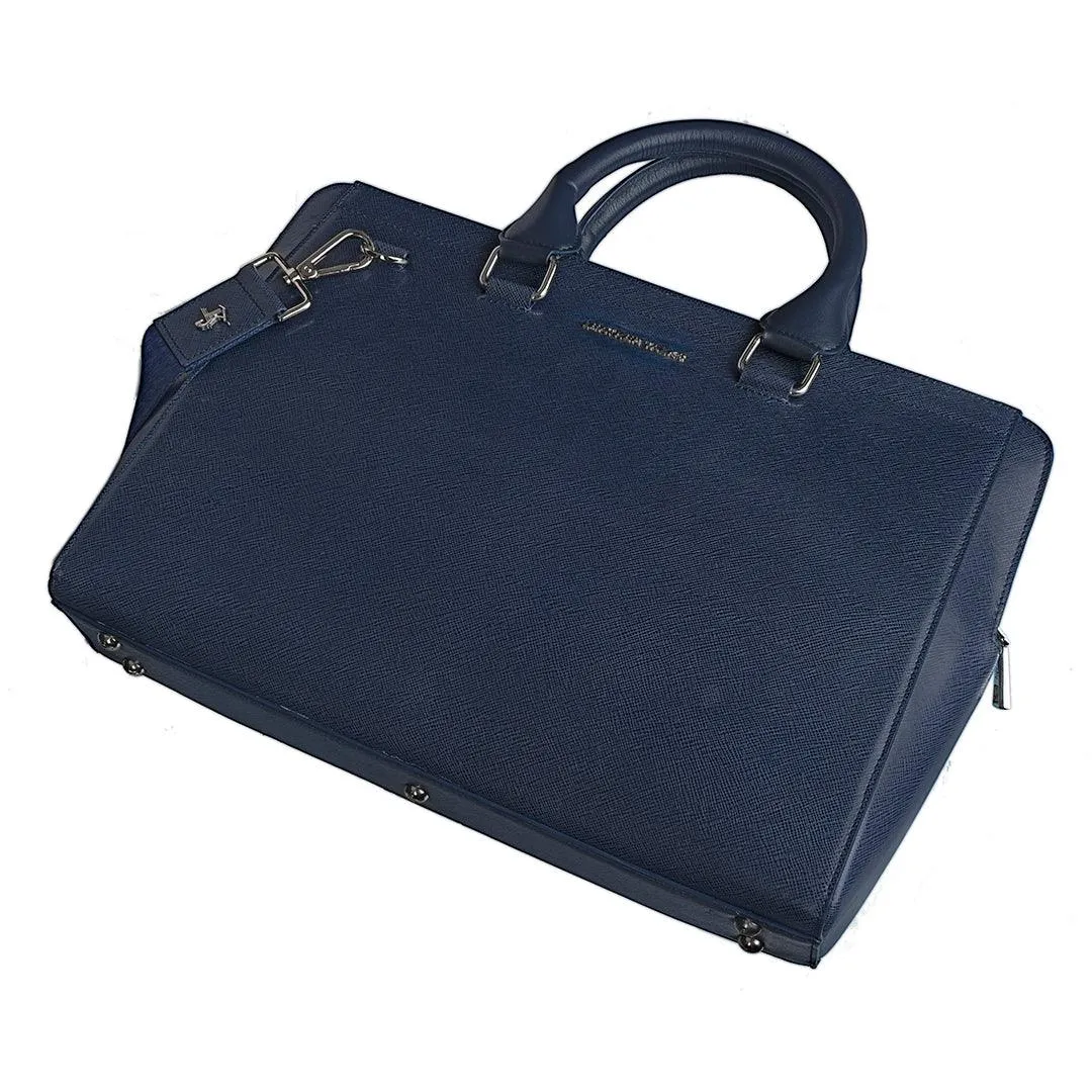 Leather Laptop / Office Bag for Women | 100% Genuine Saffiano Leather | Gold Finish Chains | Blue