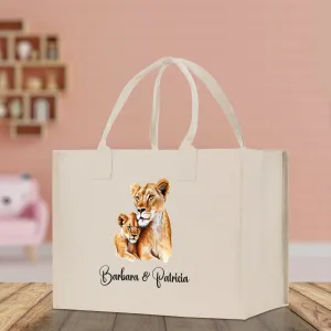 Lion Mom And Baby Name Custom Cotton Canvas Tote Bag Custom Pet Lover Gift Pet Portrait Bag Personalized Pet Owner Gift Tote Bag
