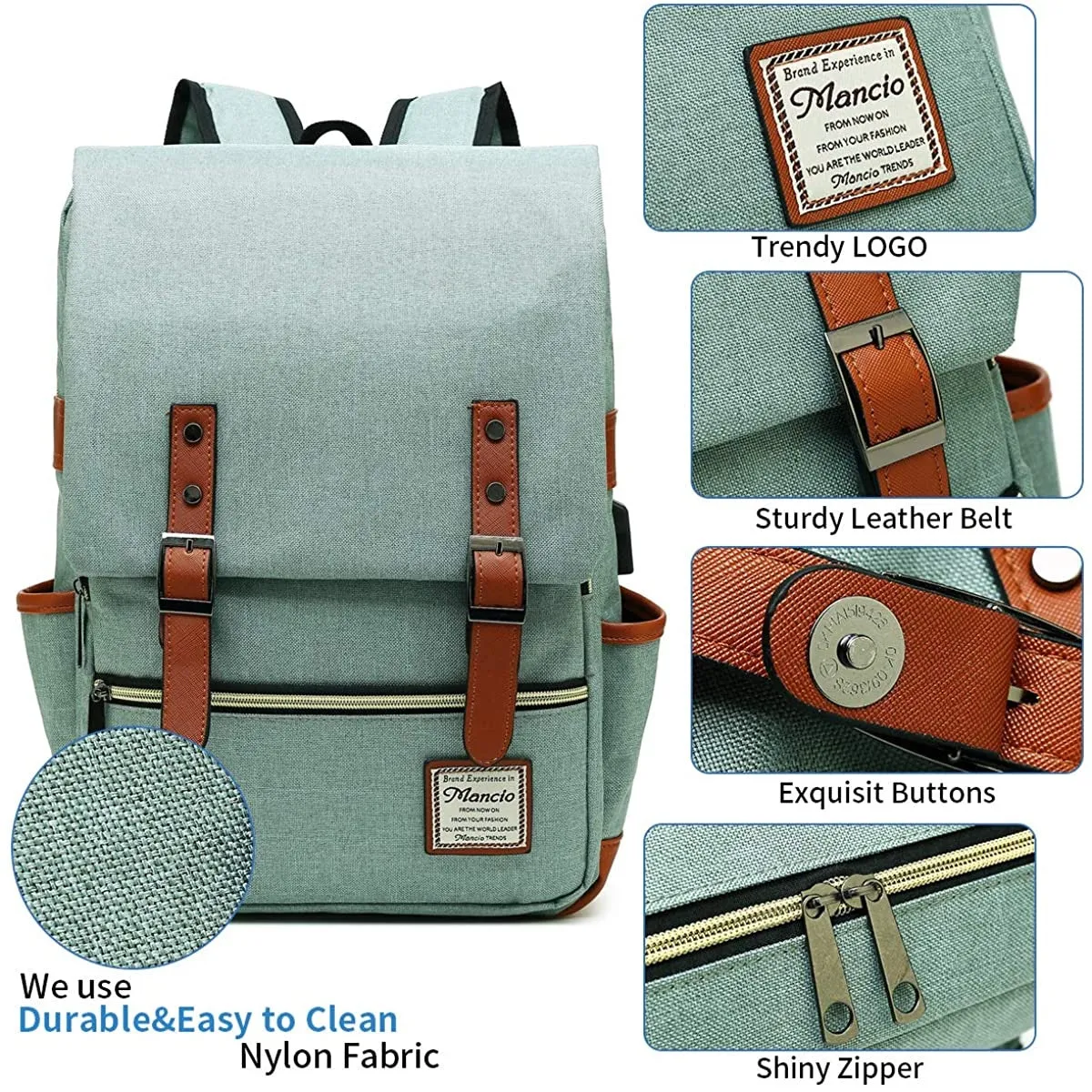MANCIO Slim Vintage Laptop Backpack For women and men | Green