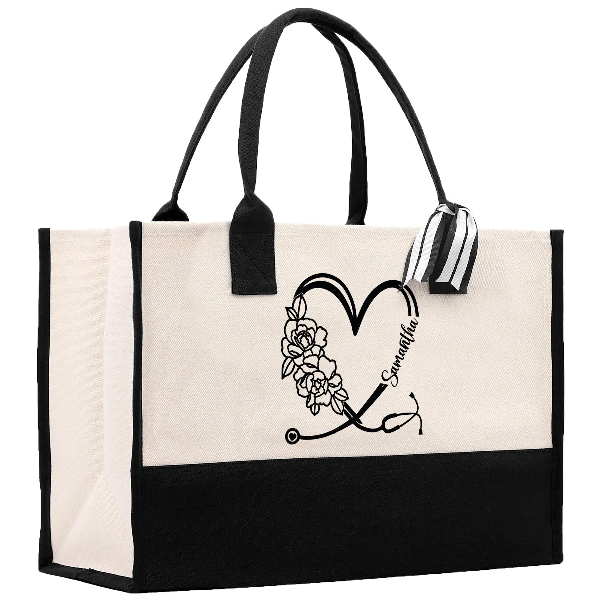 Nurse Stethoscope Floral Heart Tote Custom Name Personalized Cotton Canvas Tote Bag Nurse Gift Future Nursing Student Graduation Gift
