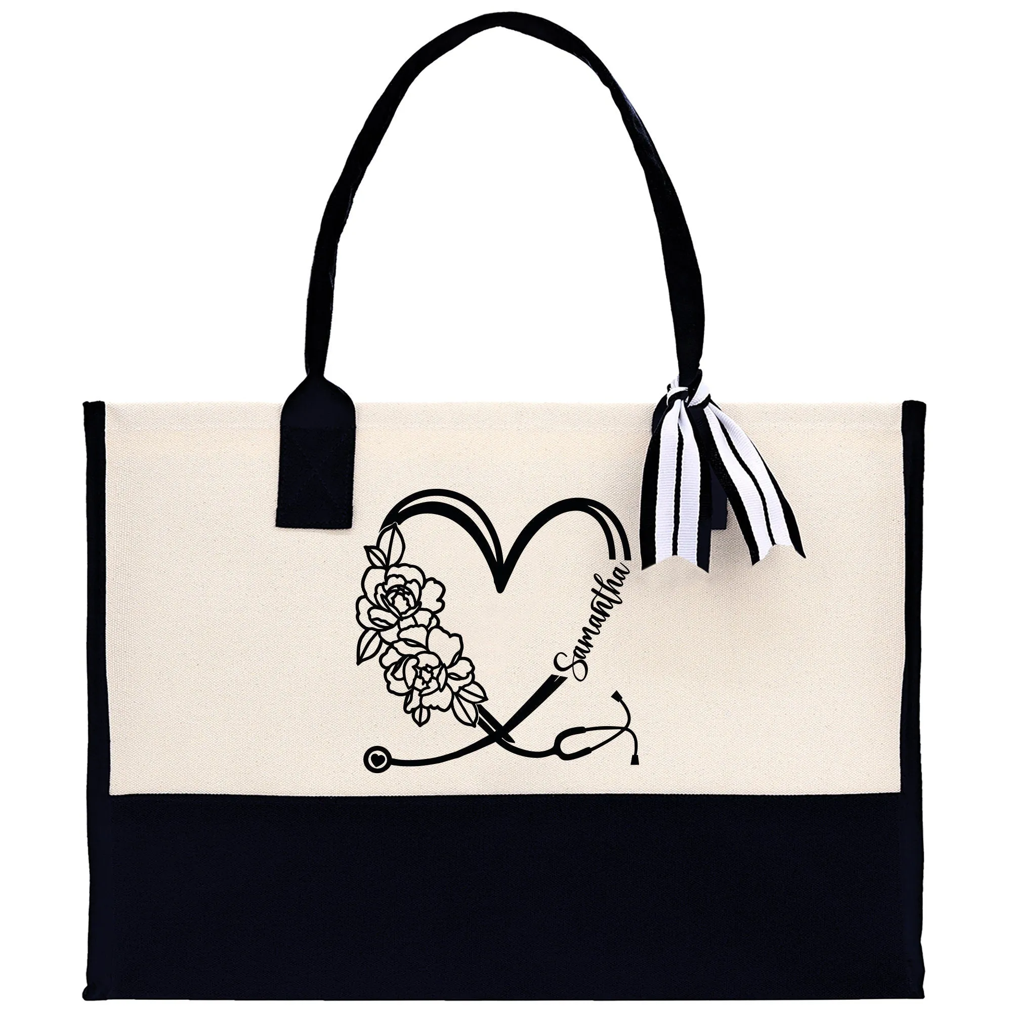 Nurse Stethoscope Floral Heart Tote Custom Name Personalized Cotton Canvas Tote Bag Nurse Gift Future Nursing Student Graduation Gift