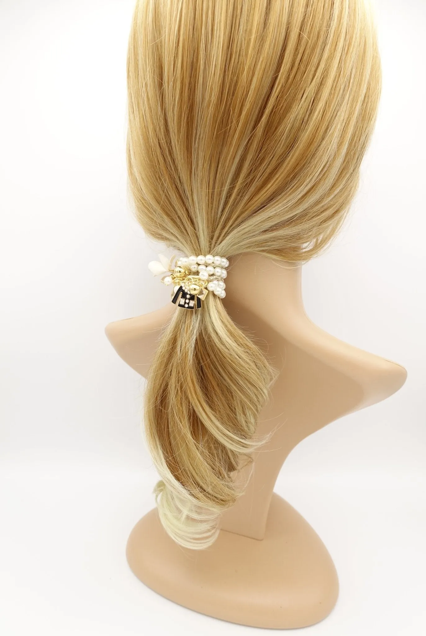 pearl beaded multi strands hair elastic ponytail holder embellished hair accessory