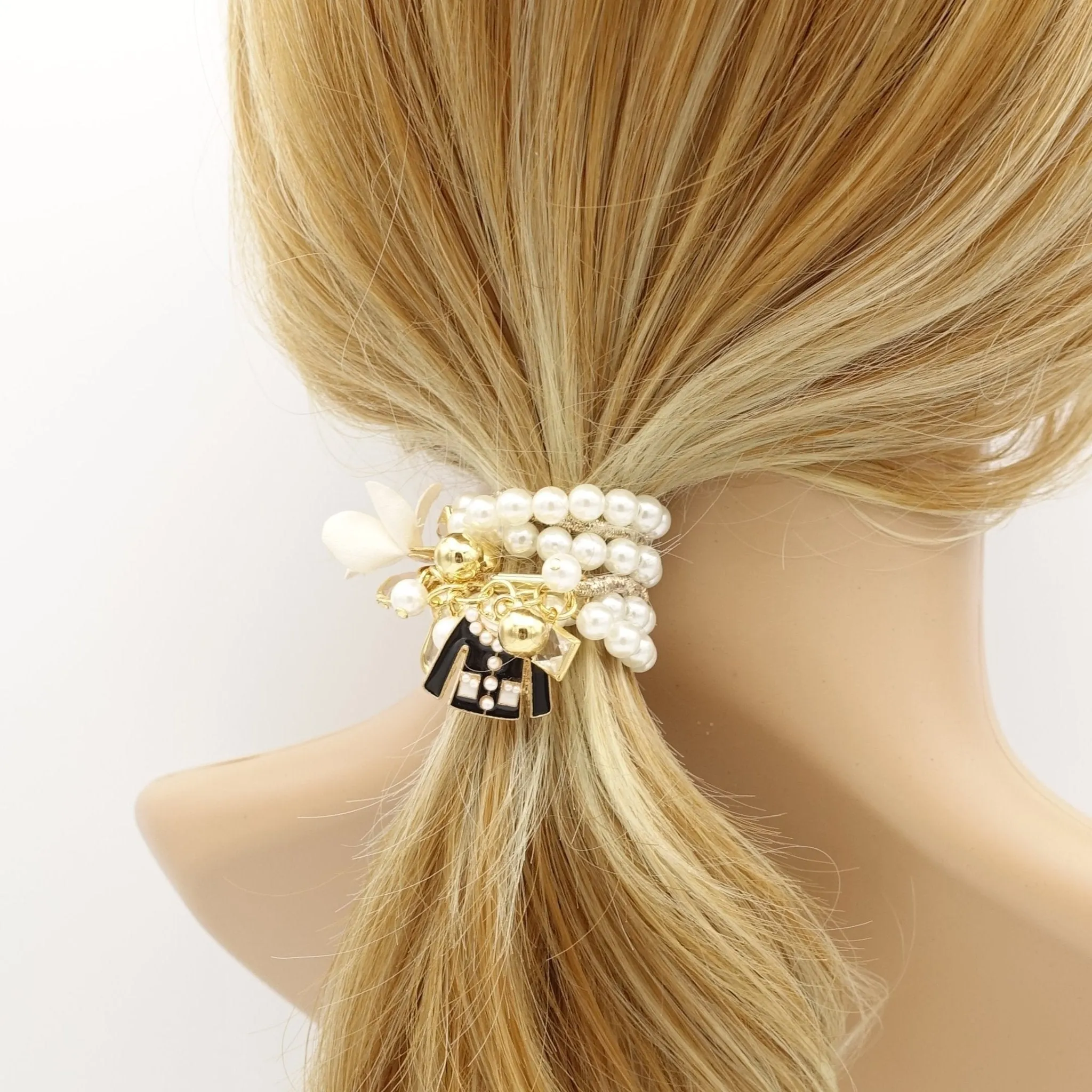 pearl beaded multi strands hair elastic ponytail holder embellished hair accessory