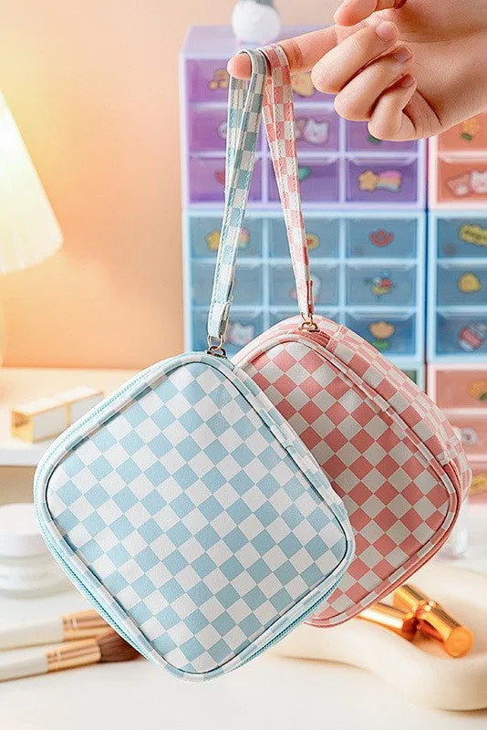 Pink Checkered Toiletry Travel Pouch Bag
