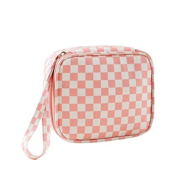 Pink Checkered Toiletry Travel Pouch Bag