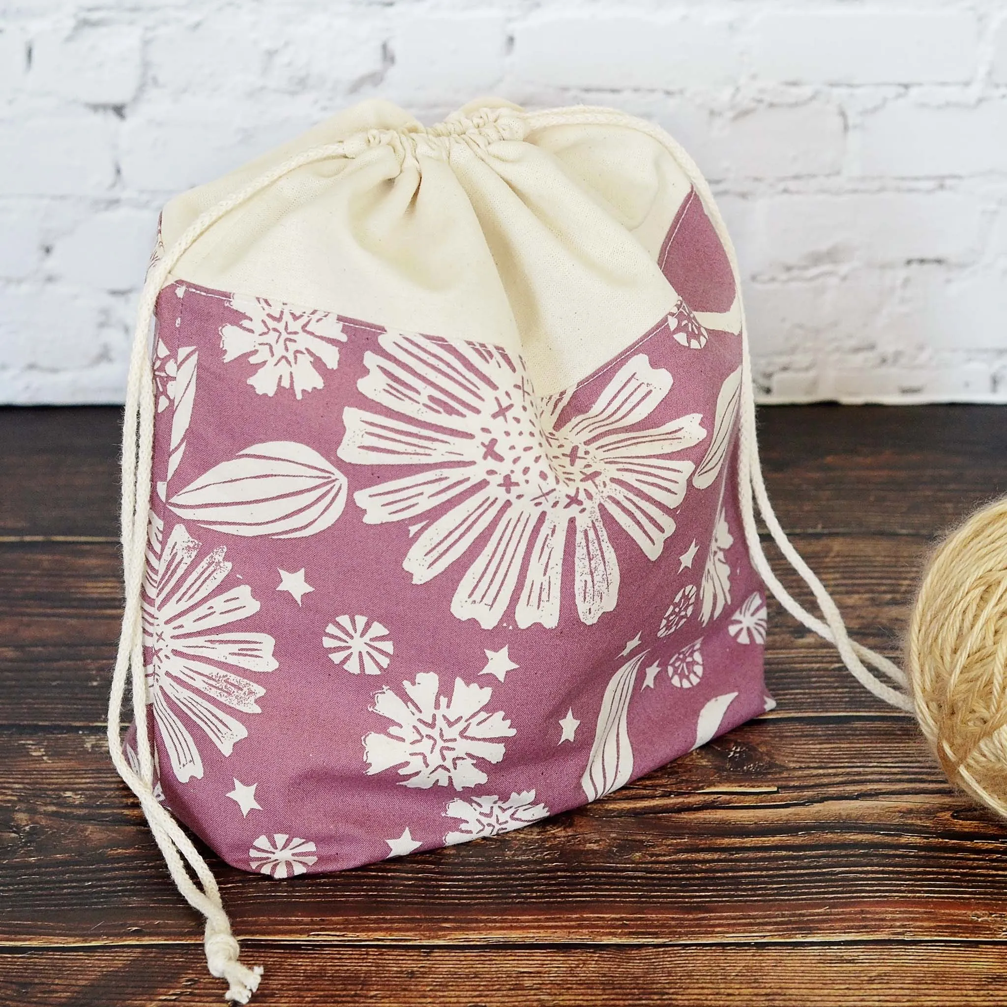 Pretty Purple Drawstring WIP bag for Knitting or Crochet, Foldable