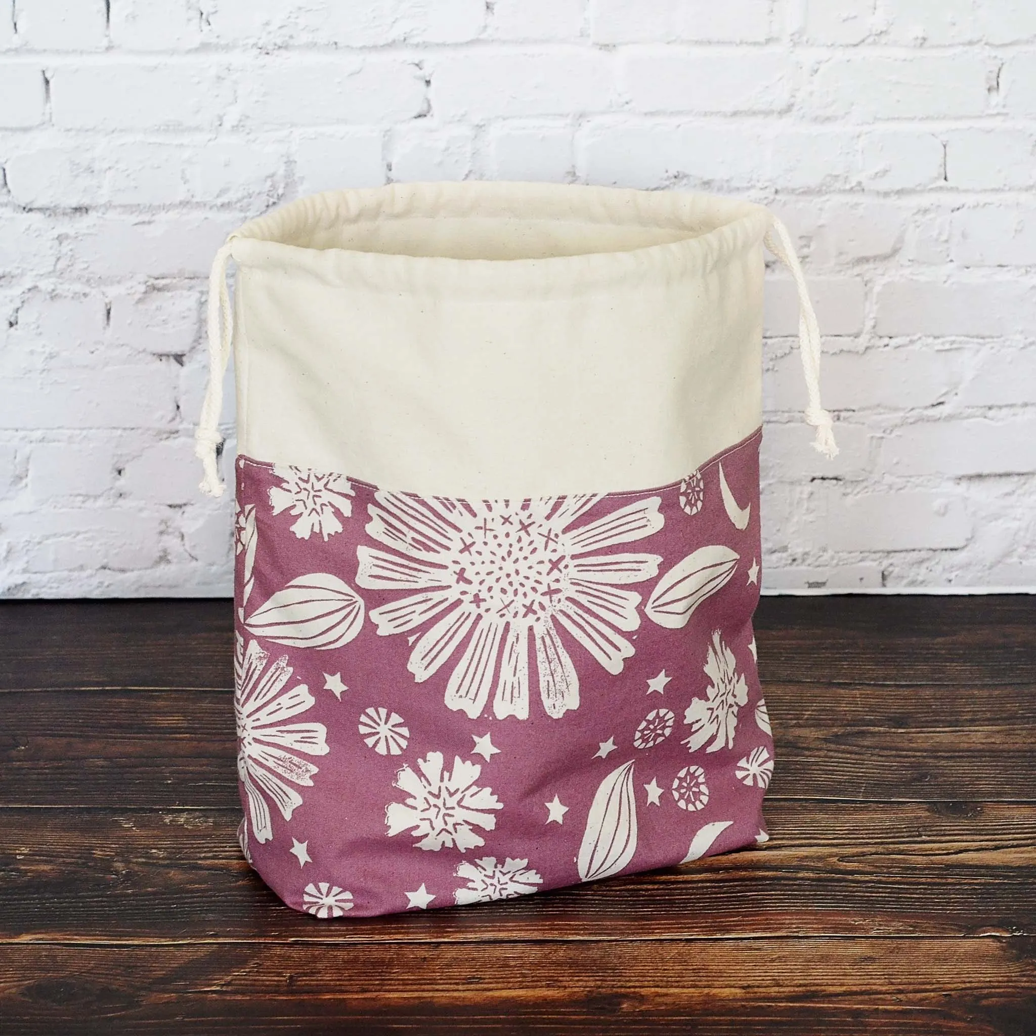 Pretty Purple Drawstring WIP bag for Knitting or Crochet, Foldable