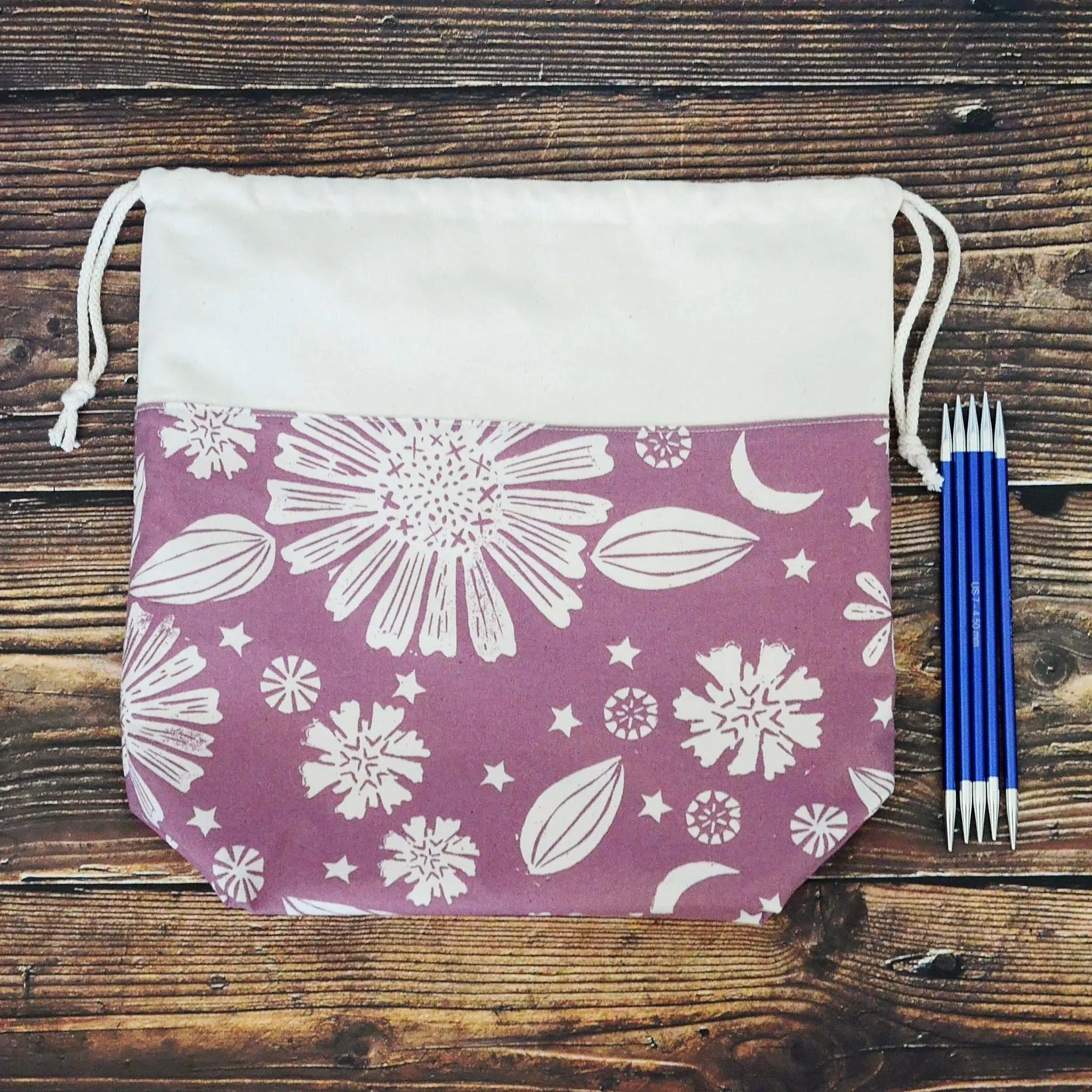 Pretty Purple Drawstring WIP bag for Knitting or Crochet, Foldable