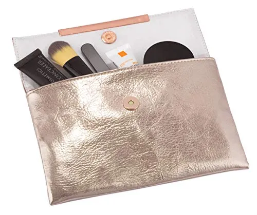 Small Rose Gold Metallic Clutch Bag For Cosmetics, Makeup, Cellphone, Wallet, and Organization - Made of Premium Vegan Leather