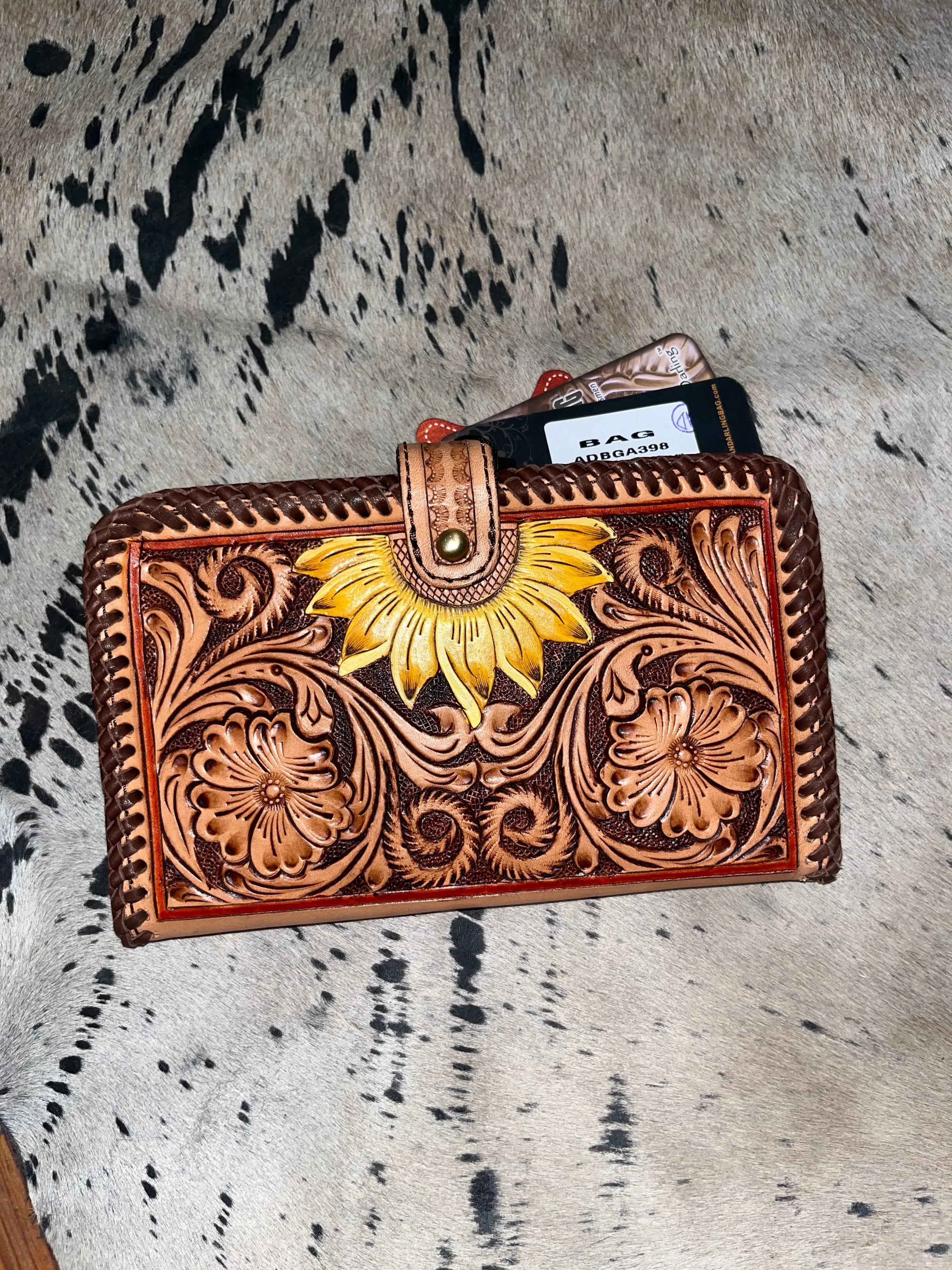 Sunflower and buck stich tooled ladies wallet/clutch