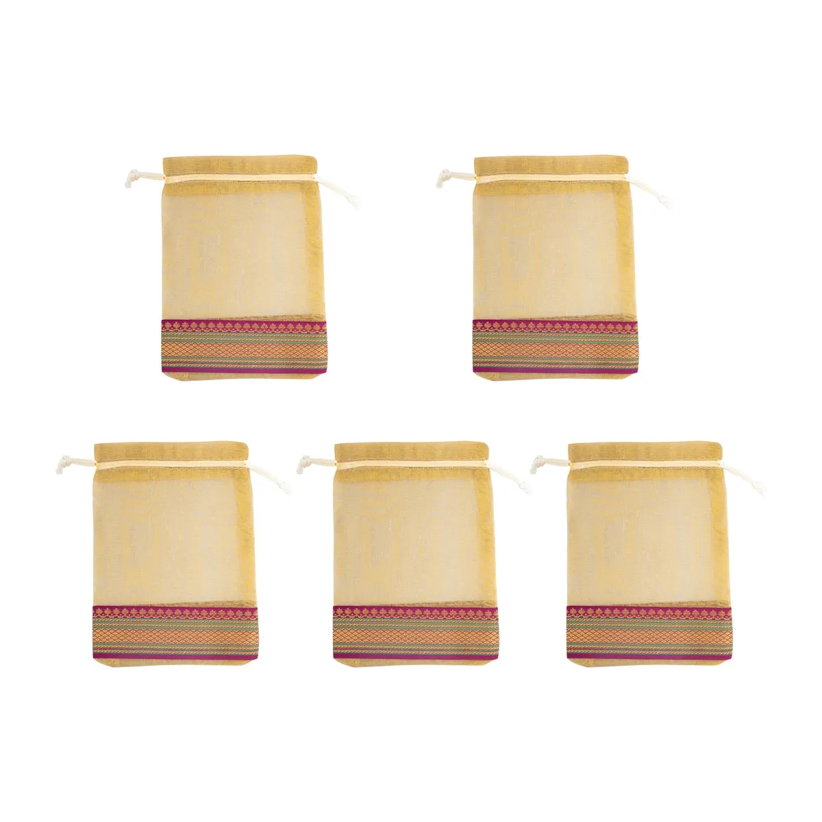 Thamboolam Bag Set - 7 x 5 Inches | 5 Pcs/ Jari Border Design Potli Bag/ Tambula Bag for Wedding/ Assorted Colour