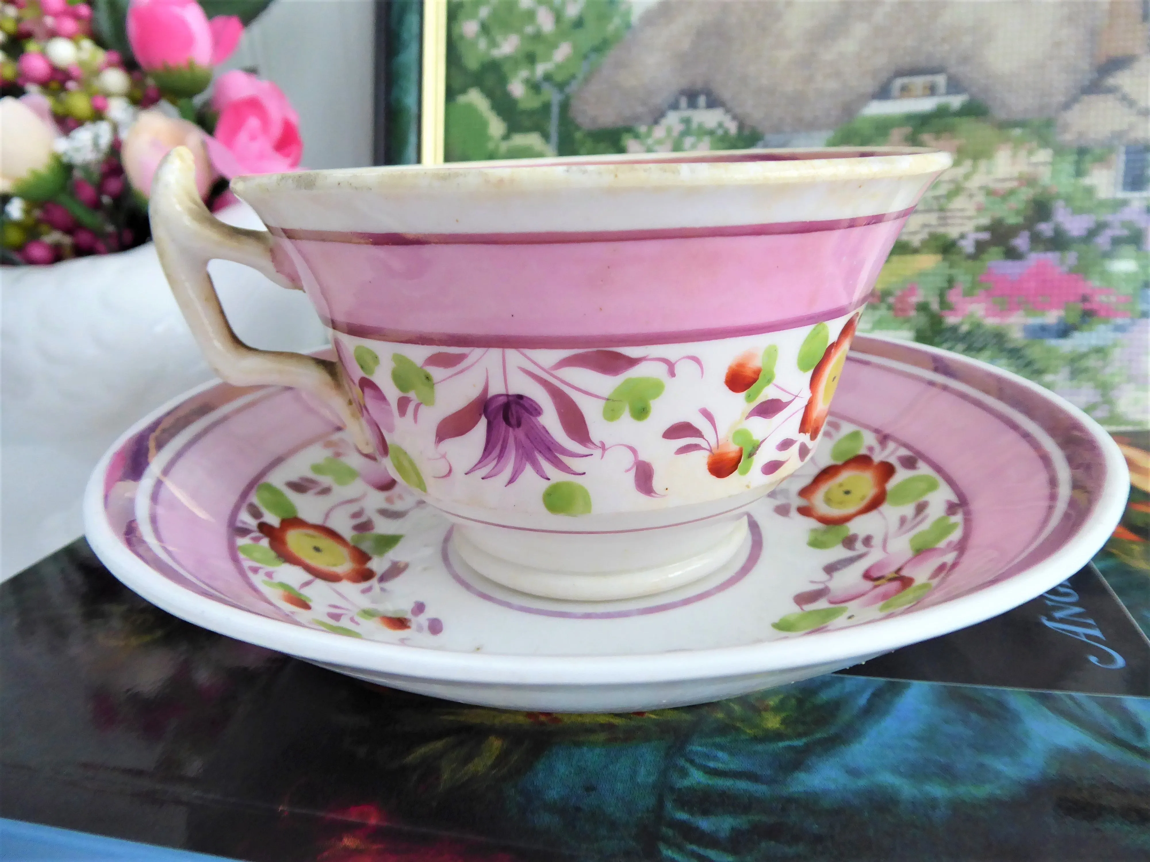 Victorian Pink Copper Luster Cup And Saucer Floral 1830s Pattern Victorian Floral