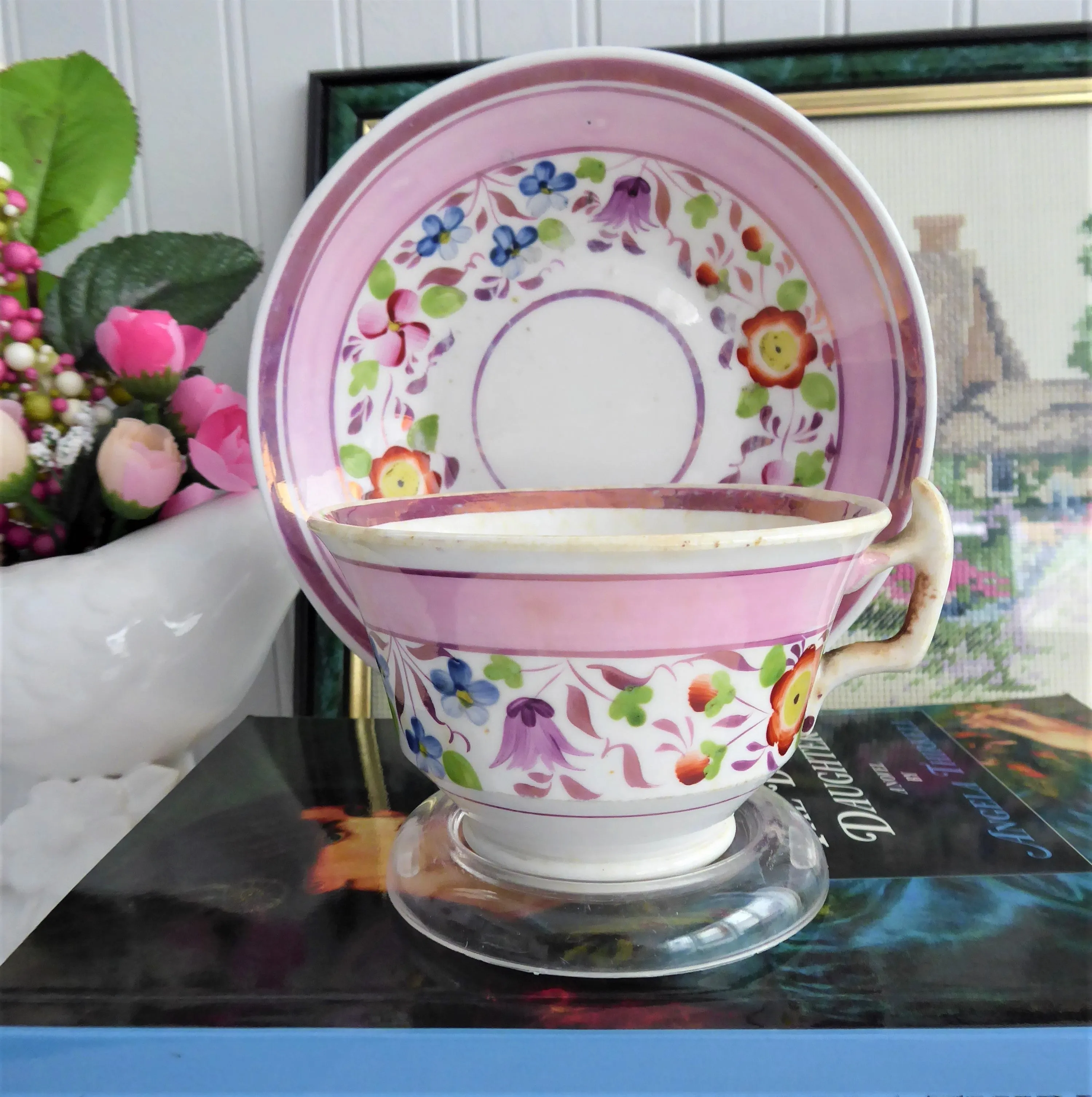 Victorian Pink Copper Luster Cup And Saucer Floral 1830s Pattern Victorian Floral