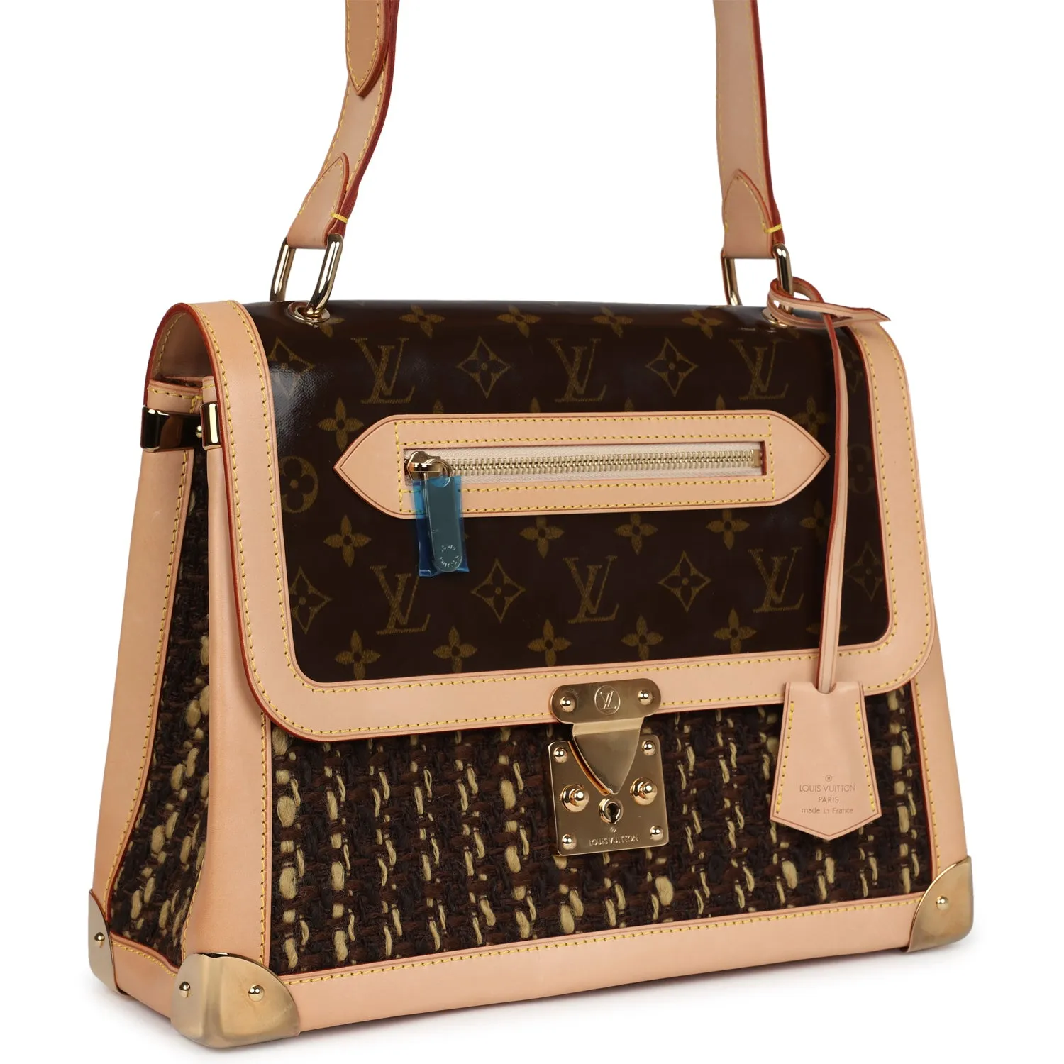 Vintage Louis Vuitton Tweedy Zip GM Brown Monogram Vinyl and Tweed Gold Hardware