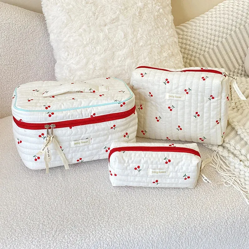 Vvsha Fashion Women Quilted Cotton Cosmetic Storage Bag Cherry Travel Makeup Storage Organizer Pouch Girls Pencil Case Tote Handbags