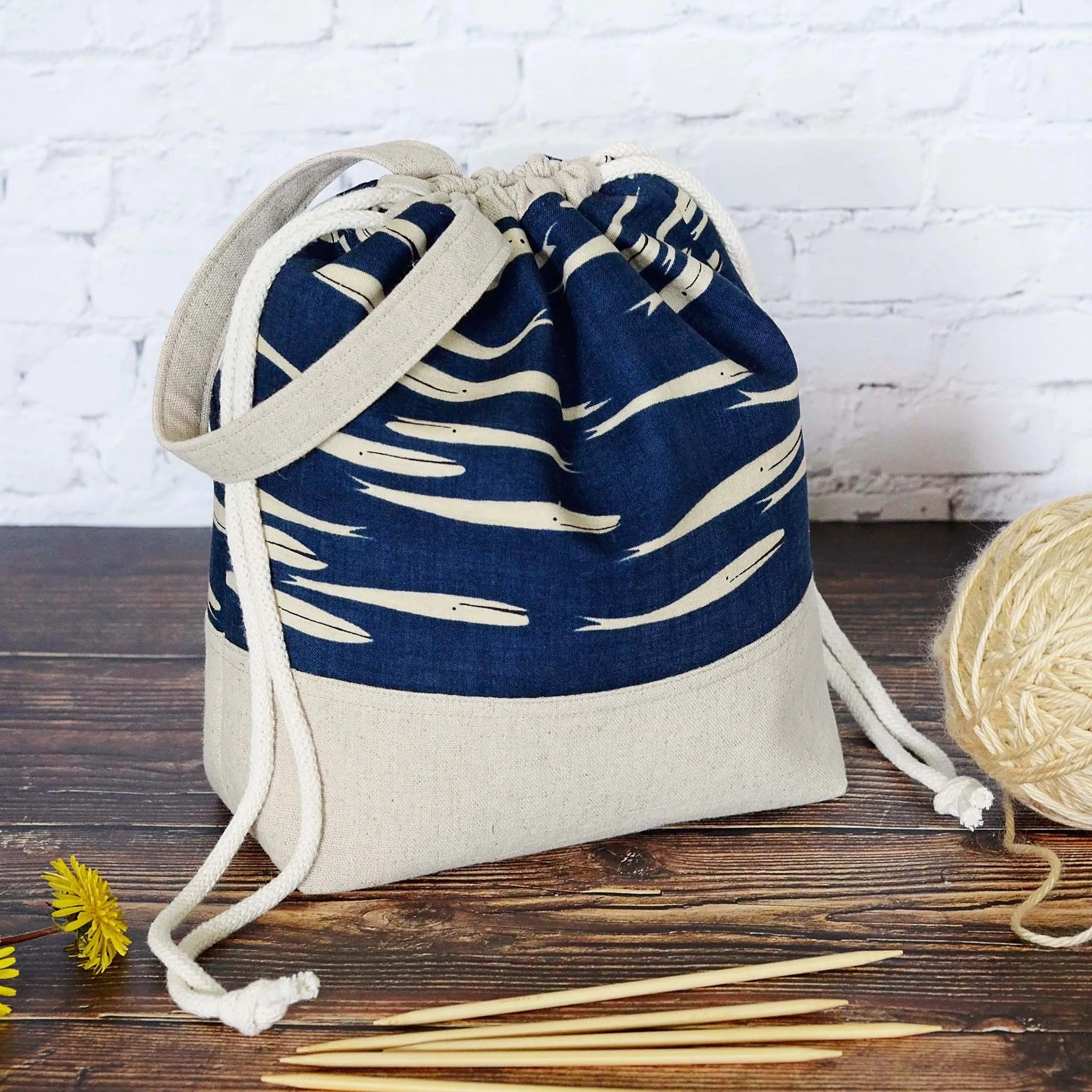 Whale Drawstring Work in Progress Bag with Grab Handle