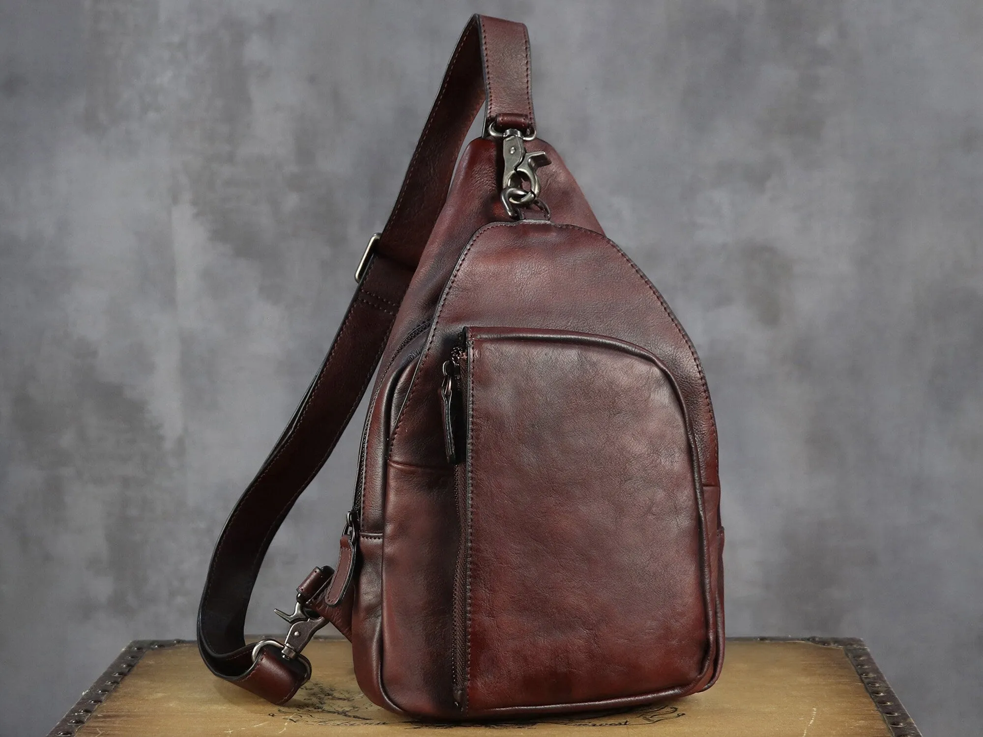 Zipper Leather Sling Bag Crossbody Chest Shoulder Backpack Purse