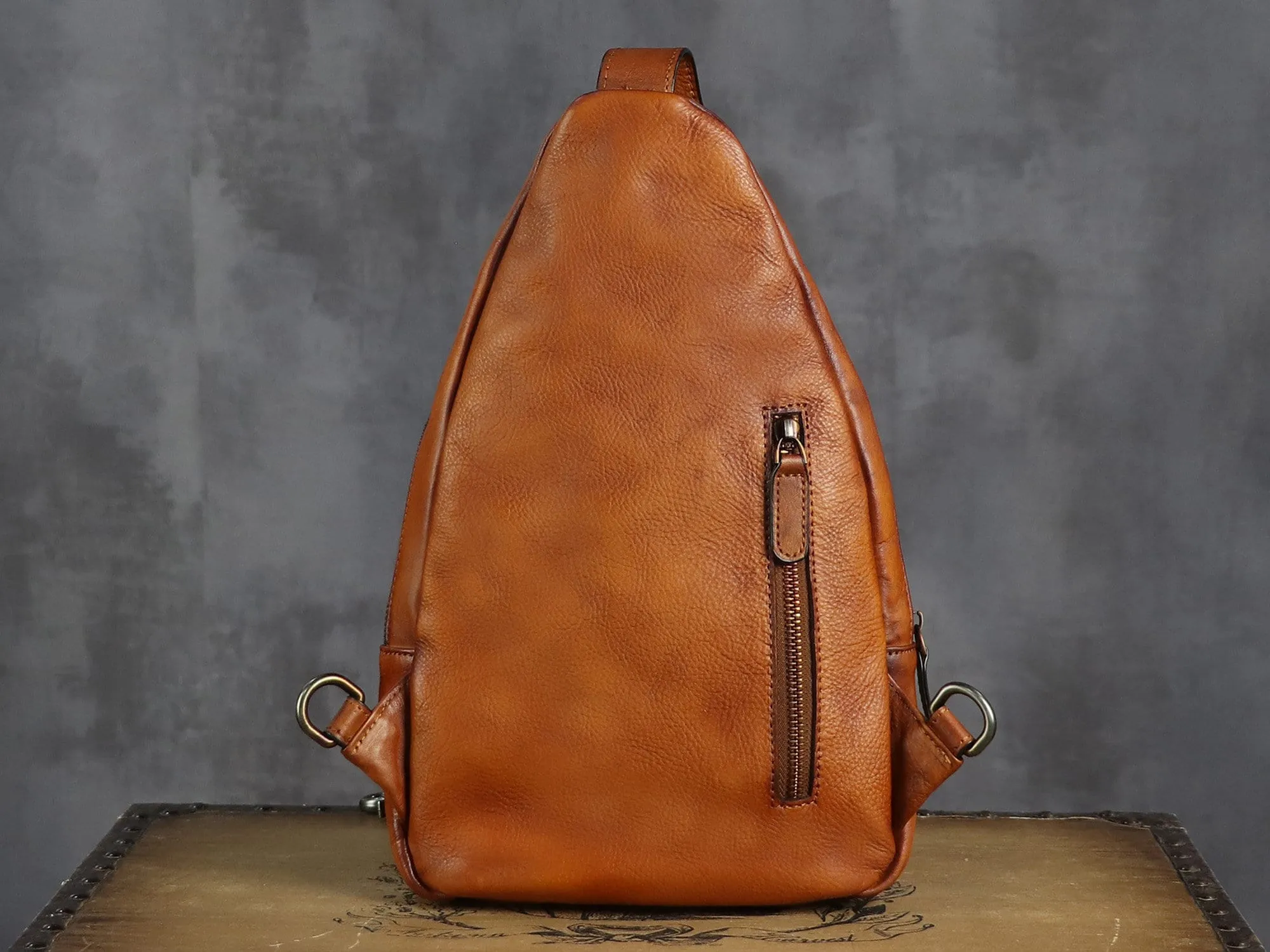 Zipper Leather Sling Bag Crossbody Chest Shoulder Backpack Purse
